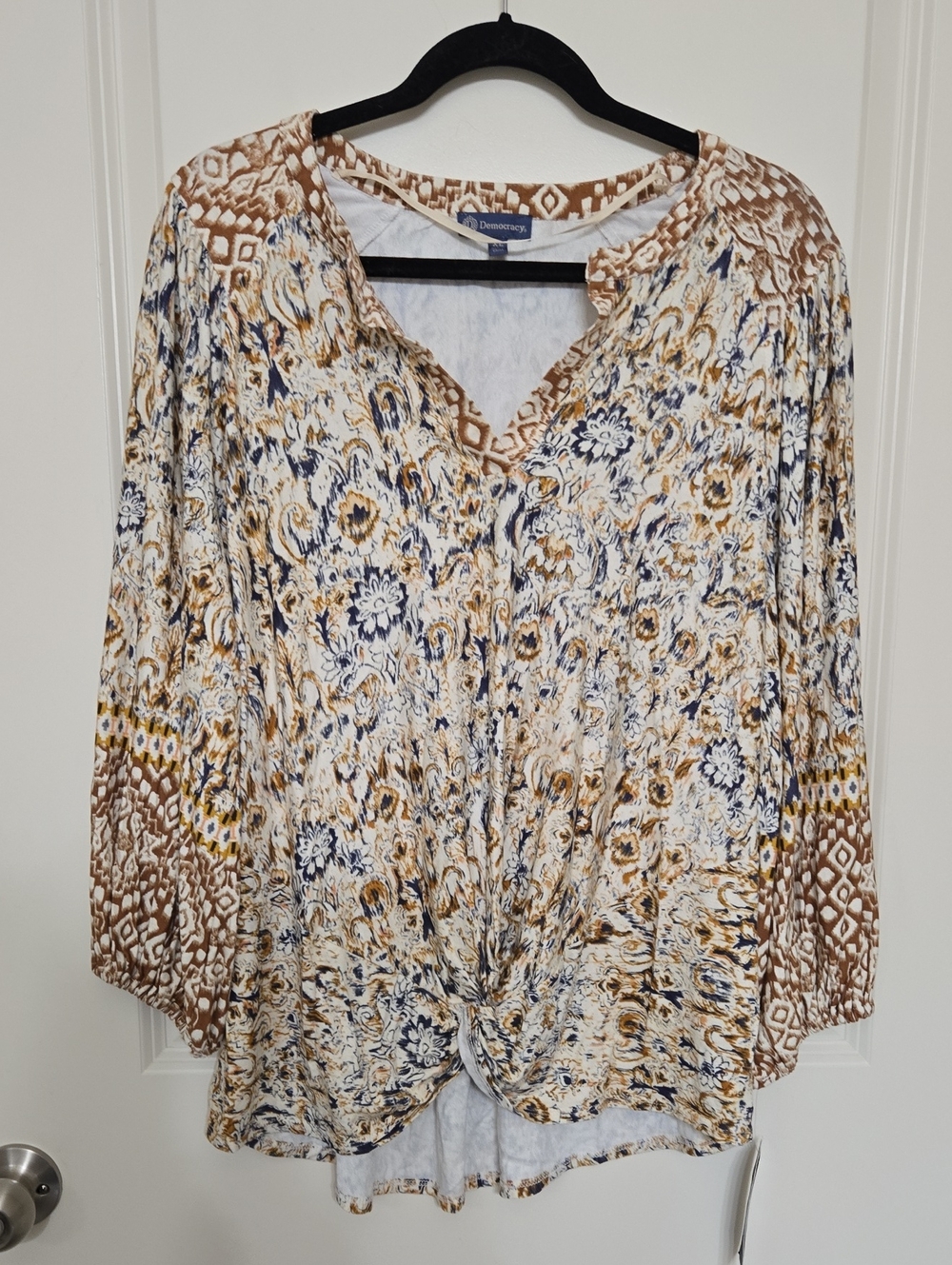 Democracy Mixed Floral & Geo Twist-Front Tunic — Navy, Brown & Cream
